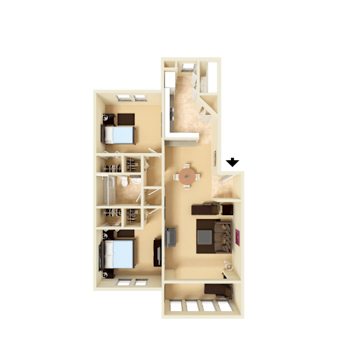 Floor Plan  3D furnished rendering of the B1 Harvard 836-square-foot two-bedroom, one-bath apartment at Town Place Apartments.
