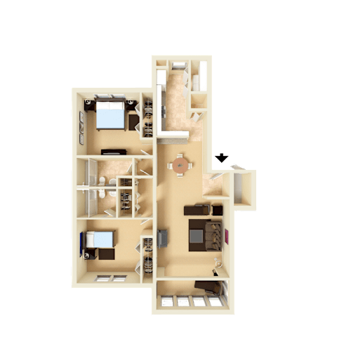 Floor Plan  3D furnished rendering of the B2 Copley 1,036-square-foot two-bedroom, two-bath apartment at Town Place Apartments.