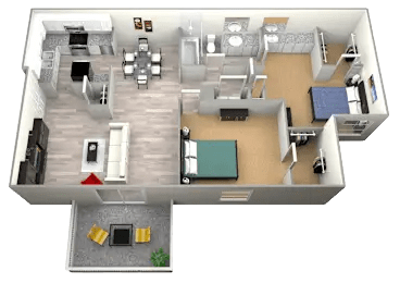 Floor Plan  3D furnished rendering of the B1 Tranquility 975-square-foot two-bedroom, two-bath apartment at Madison at Roosevelt Apartments.