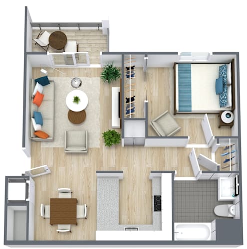 Floor Plan  A top-down view of a living room, kitchen, and bathroom layout.