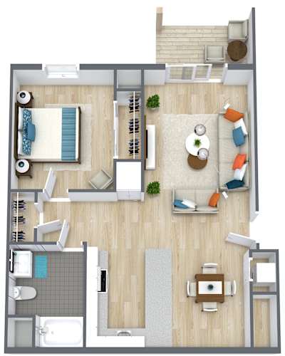 Floor Plan  A top-down view of a living room, kitchen, and bathroom.