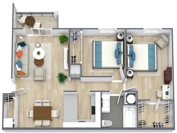 Floor Plan  A top-down view of a living room, kitchen, and dining area.