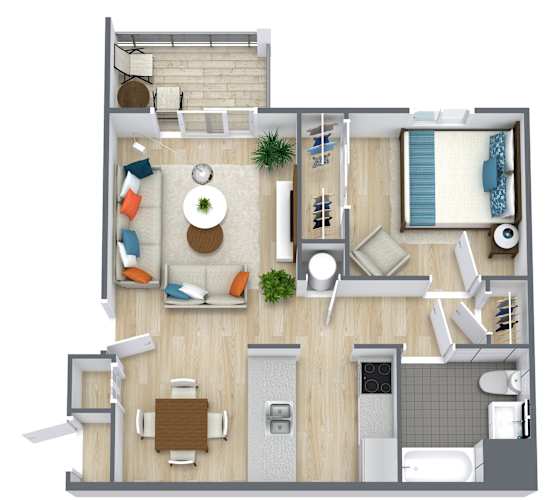 Floor Plan  A top-down view of a living room with a couch, chairs, and a coffee table.