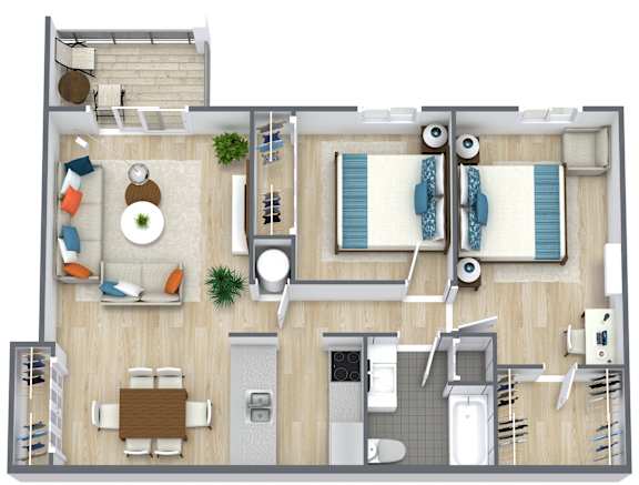 Floor Plan  A top down view of a small apartment with a kitchen, living room, and bathroom.
