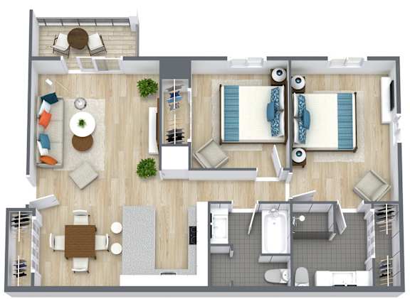 Floor Plan  A top-down view of a house layout with a living room, kitchen, dining area, and bathrooms.