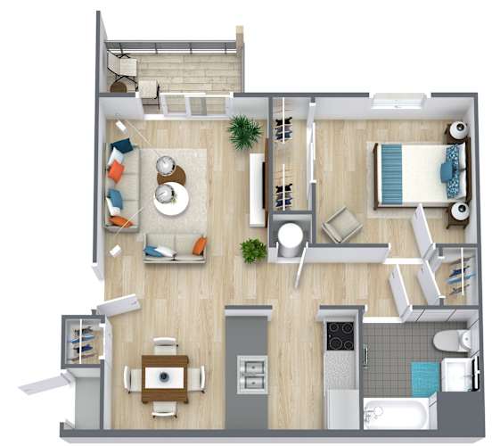 Floor Plan  A top-down view of a small apartment with a kitchen, living room, and bathroom.