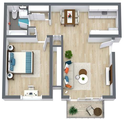 Floor Plan  A top-down view of a living room, kitchen, and dining area.