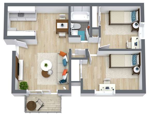 Floor Plan  A top-down view of a two-bedroom apartment with a living room, kitchen, and bathroom.