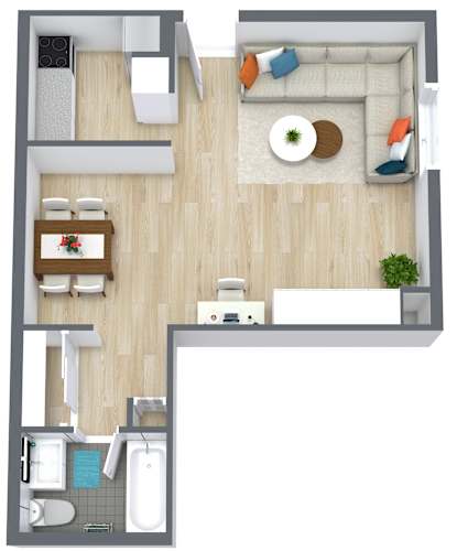 Floor Plan  A top-down view of a small apartment with a kitchen, living room, and bathroom.