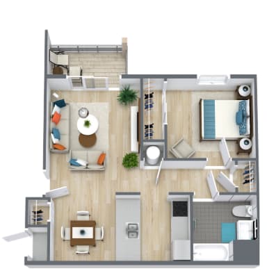 Floor Plan  A top-down view of a house layout with a kitchen, living room, and bathroom.