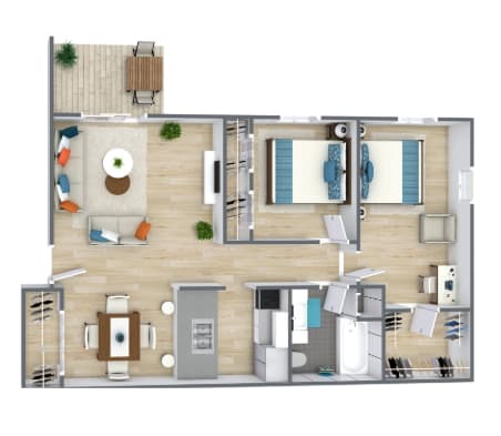 Floor Plan  A top-down view of a modern apartment layout with a living room, kitchen, and bathroom.