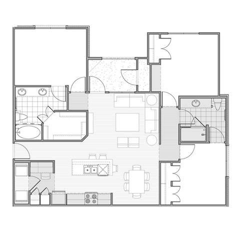 Floor Plan  A black and white floor plan of a house with a kitchen, living room, and dining area.