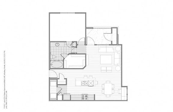 Floor Plan  A floor plan of a house with a kitchen, living room, and dining area.