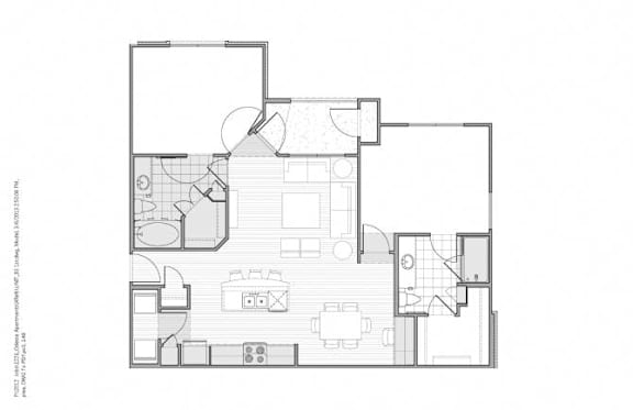 Floor Plan  A black and white floor plan of a house with a kitchen, living room, and two bedrooms.