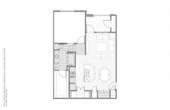 Floor Plan  A black and white floor plan of a house with a kitchen, living room, and two bedrooms.