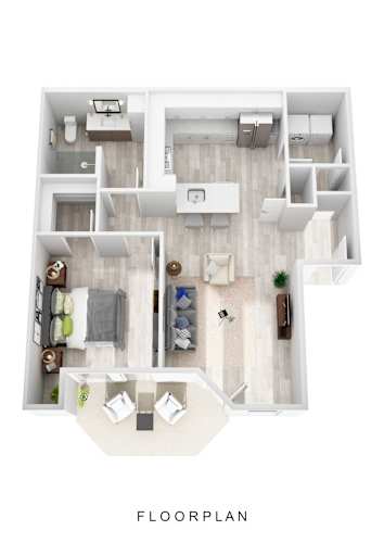 Floor Plan  A floor plan of a house with a living room, kitchen, and two bedrooms.