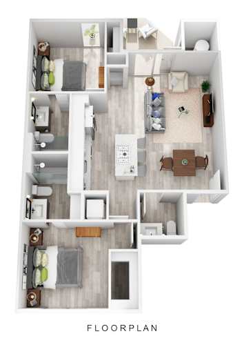Floor Plan  A floor plan of a house with a kitchen, living room, dining room, and bedrooms.