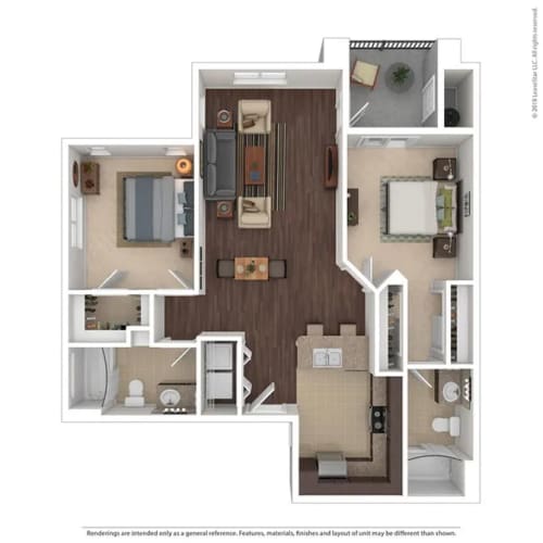 Floor Plan  2 bed 2 bath The Jordan 1,033 sqft