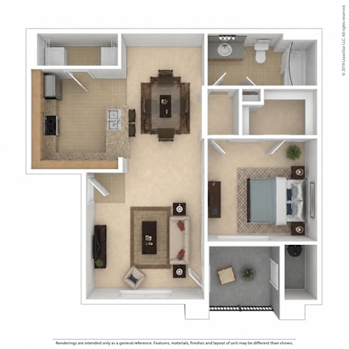 Floor Plan  A floor plan of a house with a living room, kitchen, dining room, and bathroom.