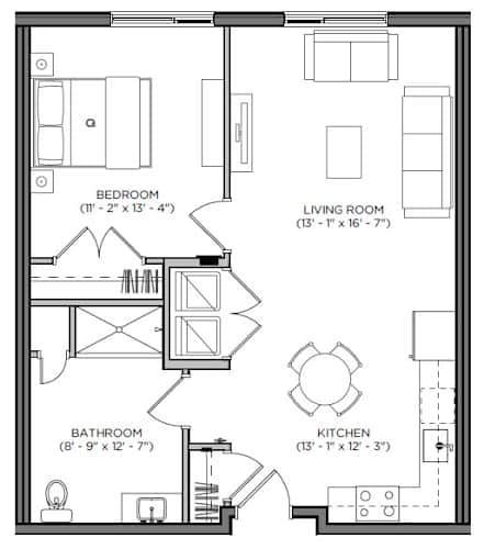 Floor Plan  A black and white image of a floor plan for a small apartment.