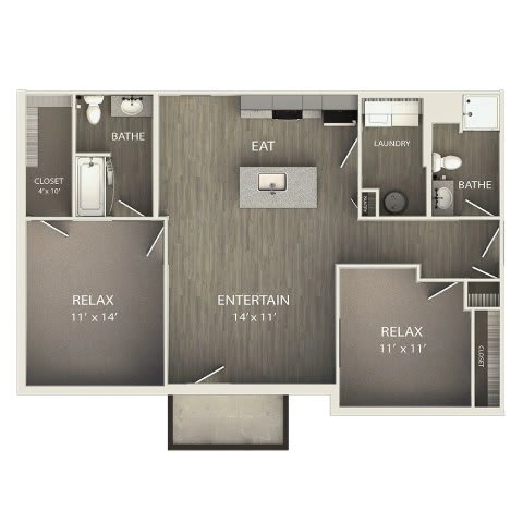 Floor Plan  A floor plan of a house with a bathroom, eat in area, laundry, and relaxation area.