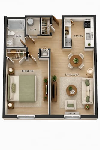 Floor Plan  A floor plan of a small apartment with a living area, kitchen, bathroom, and bedroom.