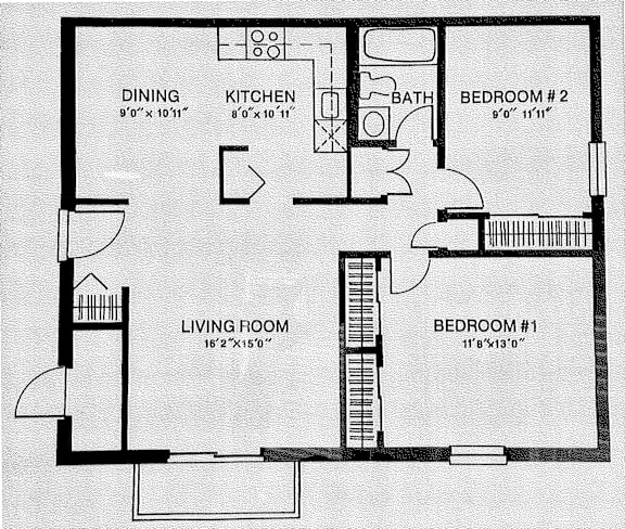 Floor Plan  A black and white image of a floor plan for a house with a living room, dining room, kitchen, bathroom, and two bedrooms.