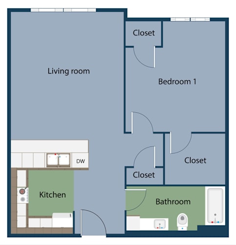 Floor Plan  a floor plan of a studio apartment with a bedroom and a living room