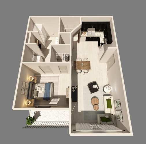 Floor Plan  A 3D floor plan of a small apartment with a bedroom, living room, and kitchen.