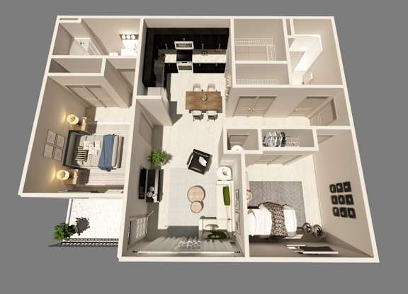 Floor Plan  A 3D floor plan of a small apartment with a kitchen, living room, and bedroom.