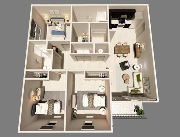 Floor Plan  A 3D floor plan of a house showing a kitchen, living room, and two bedrooms.