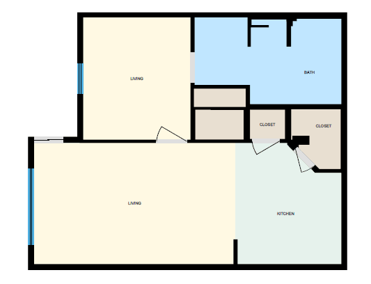 Floor Plan  A floor plan of a house with a living room, kitchen, bath, and closets.