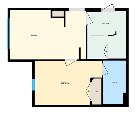 Floor Plan  A floor plan of a house with labeled rooms including a living room, bedroom, bathroom, and kitchen.