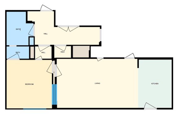 Floor Plan  A floor plan of a house with a kitchen, living room, bedroom and bathrooms.