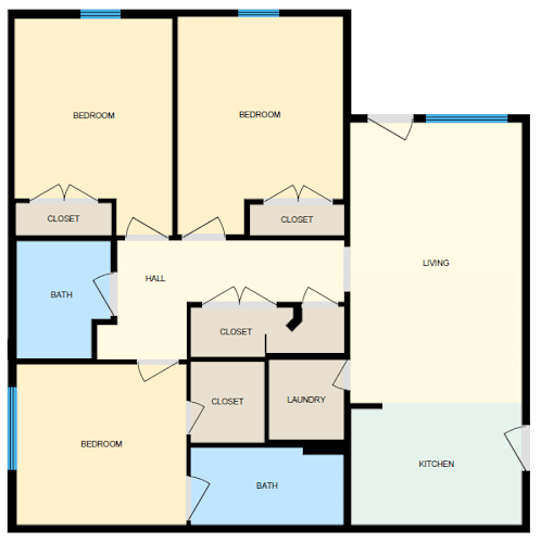 Floor Plan  A floor plan of a house with labeled rooms such as bedrooms, a bath, a hall, a laundry, a kitchen, and a living area.