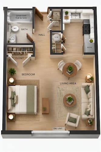 Floor Plan  A floor plan of an apartment with a living area, bedroom, kitchen, and bathroom.