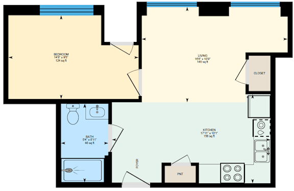Floor Plan  A floor plan of a house with a bedroom, living room, kitchen, bathroom, and closet.