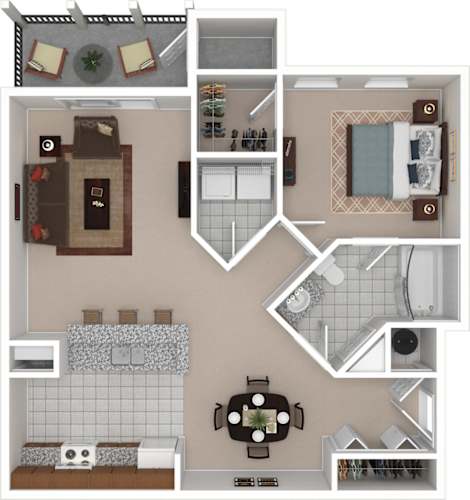 Floor Plan  A floor plan of a house with a kitchen, living room, and bathroom.