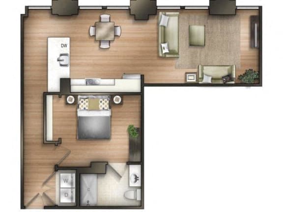 Floor Plan  1 bedroom 1 bathroom H Capstone Floor Plan at The Tower Apartments, Alabama, 35401