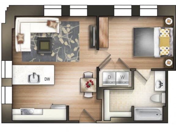 Floor Plan  1 bedroom 1 bathroom D Legacy Floor Plan at The Tower Apartments, Tuscaloosa, 35401
