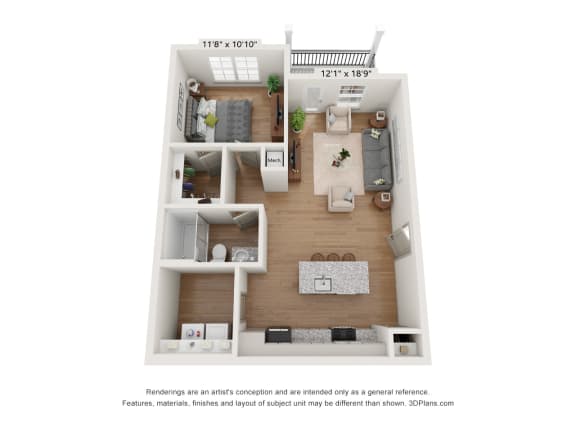 Floor Plan  a 3d floor plan of a 1 bedroom apartment