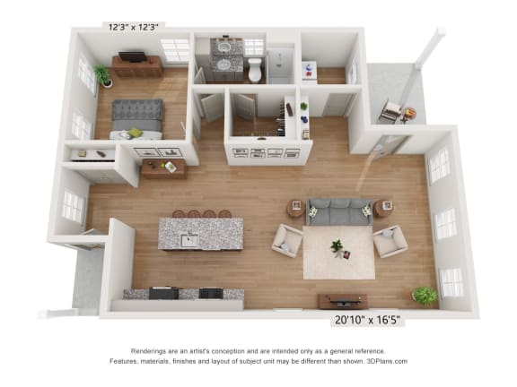 Floor Plan  a stylized floor plan of a 1 bedroom apartment at the crossings at white marsh apartments in