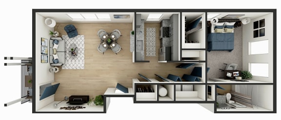 Floor Plan  arial view of the living room of a 1 bedroom apartment