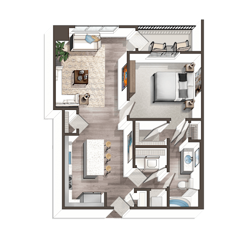 Floor Plan  A top-down view of a room with a couch, chairs, and a table.
