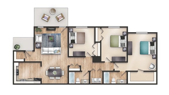 Floor Plan  3 bedroom 2 bathroom 1367 Square-Foot Cherie Floor Plan at Mirabelle Apartments, Mobile, 36608