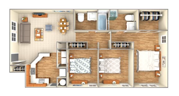 Floor Plan  3 bedroom floor plan at Douglas Landing Apartment Homes, Texas, 78741