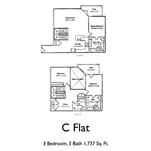 Floor Plan  A diagram of a C-shaped floor plan for a 3 bedroom, 3 bath home.