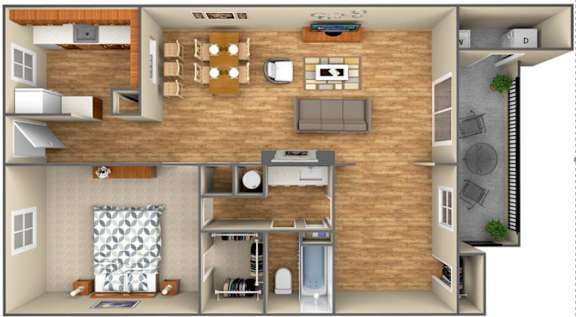 Floor Plan  A 3D floor plan of a house showing a kitchen, living room, dining room, and bedrooms.