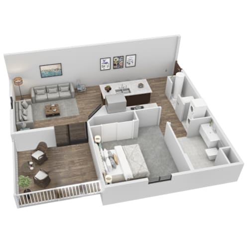 Floor Plan  A 3D rendered image of a modern apartment layout.