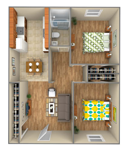 Floor Plan  2-bed/1-bath 3D model at Waters Mark Apartment Homes, Gulfport, 39501